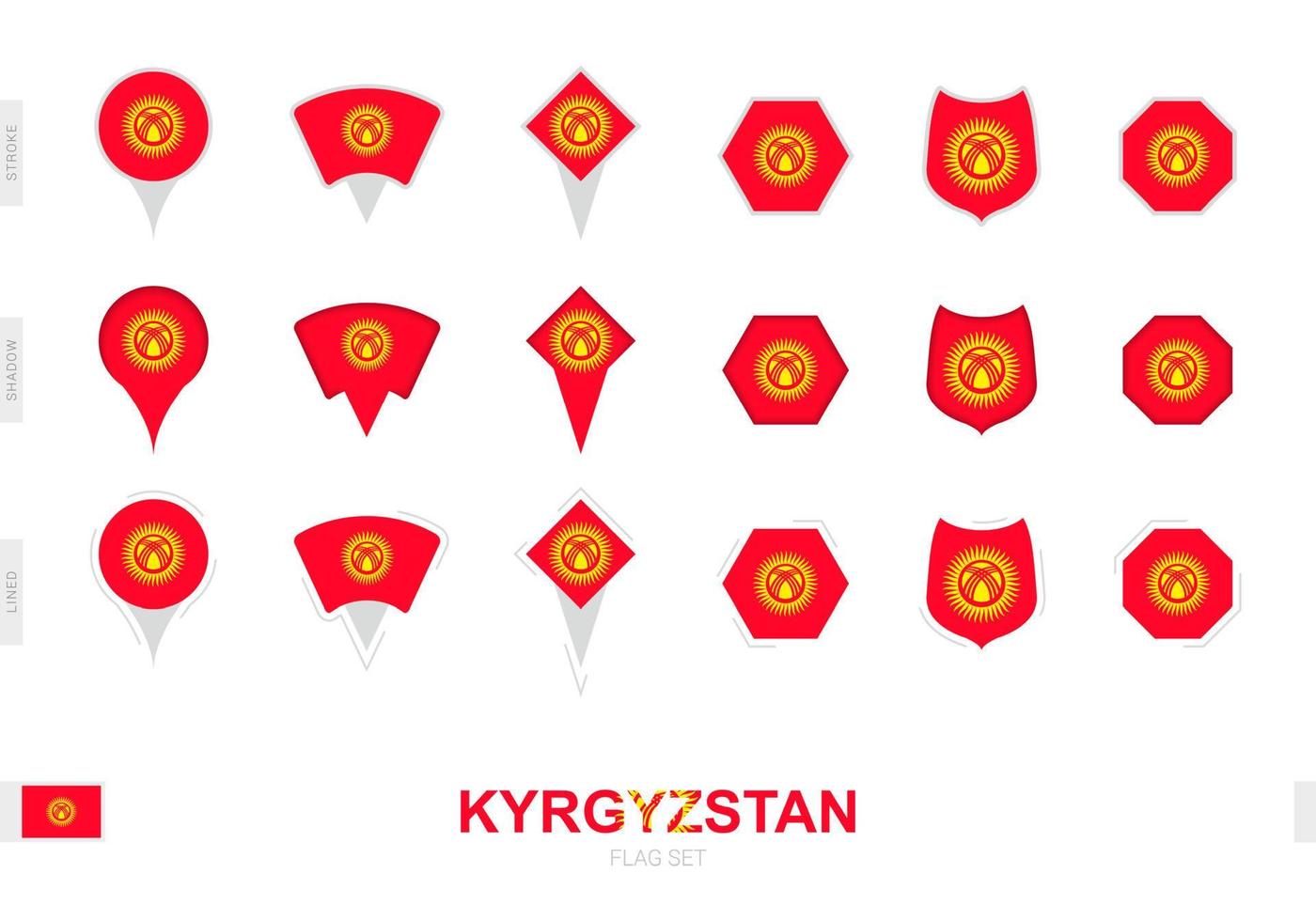 Collection of the Kyrgyzstan flag in different shapes and with three different effects. vector