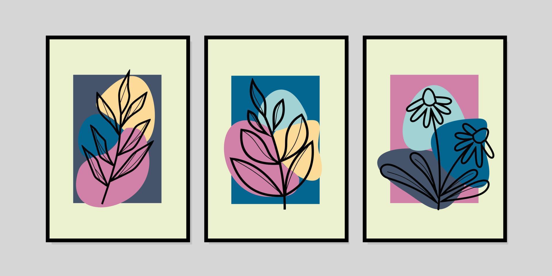 conjunto vectorial de arte de pared floral y botánico. arte de línea de hojas. pintura de follaje con formas abstractas. diseño minimalista para afiches, papel pintado, decoración de paredes, interior, portada, postal vector