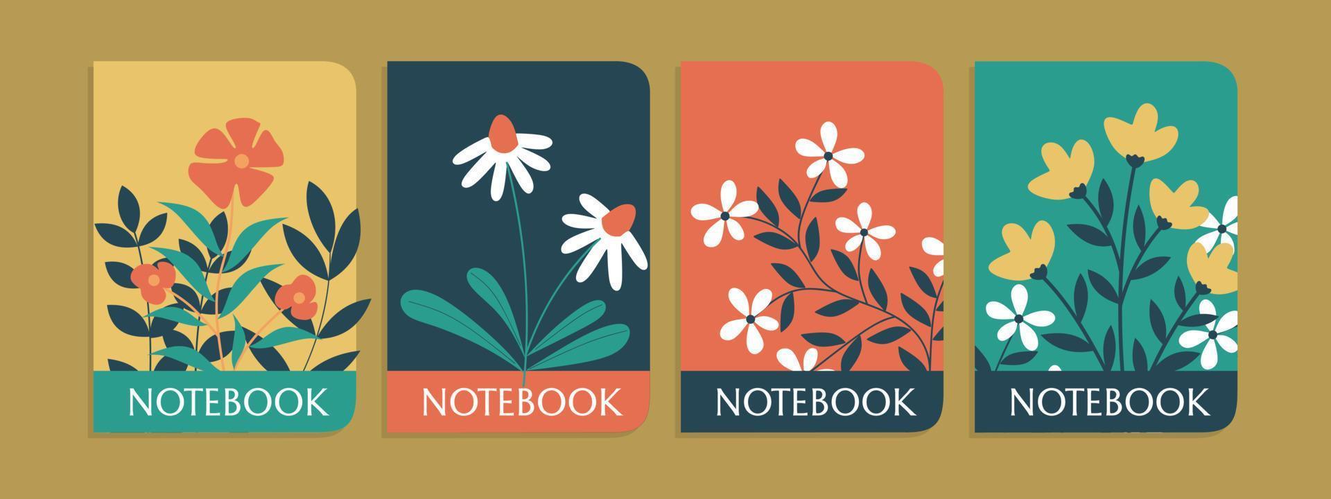 establecer una cubierta colorida para cuaderno con flores dibujadas a mano.libros para niños, folletos, plantillas para diarios escolares.antecedentes abstractos vector
