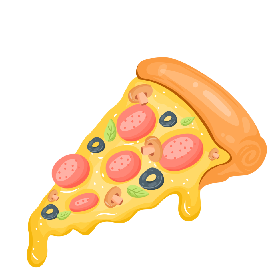 slice of pizza with black olive benefit ham and mushroom and oregano food illustration png