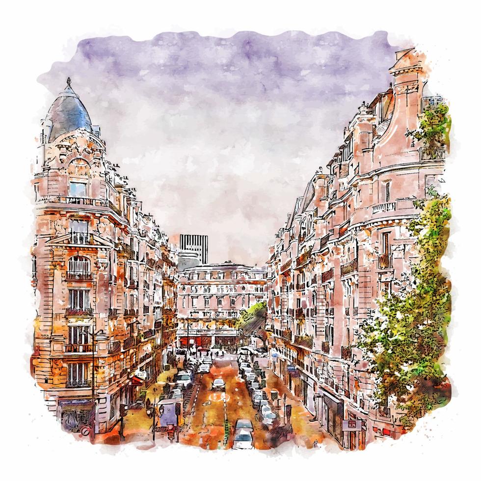 Paris France Watercolor sketch hand drawn illustration vector