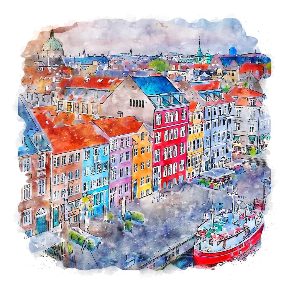 ilustración de dibujado a mano de bosquejo de acuarela de copenhague dinamarca vector