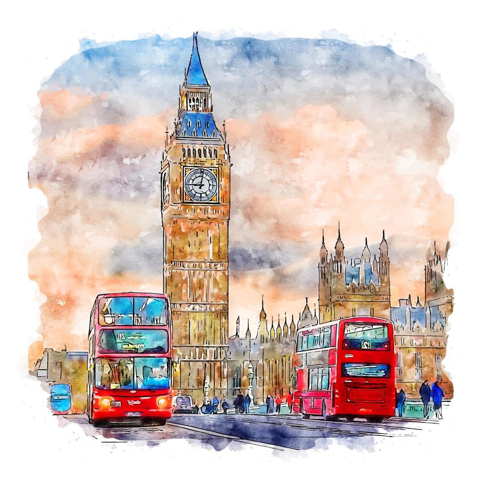 Big ben London Watercolor sketch hand drawn illustration vector