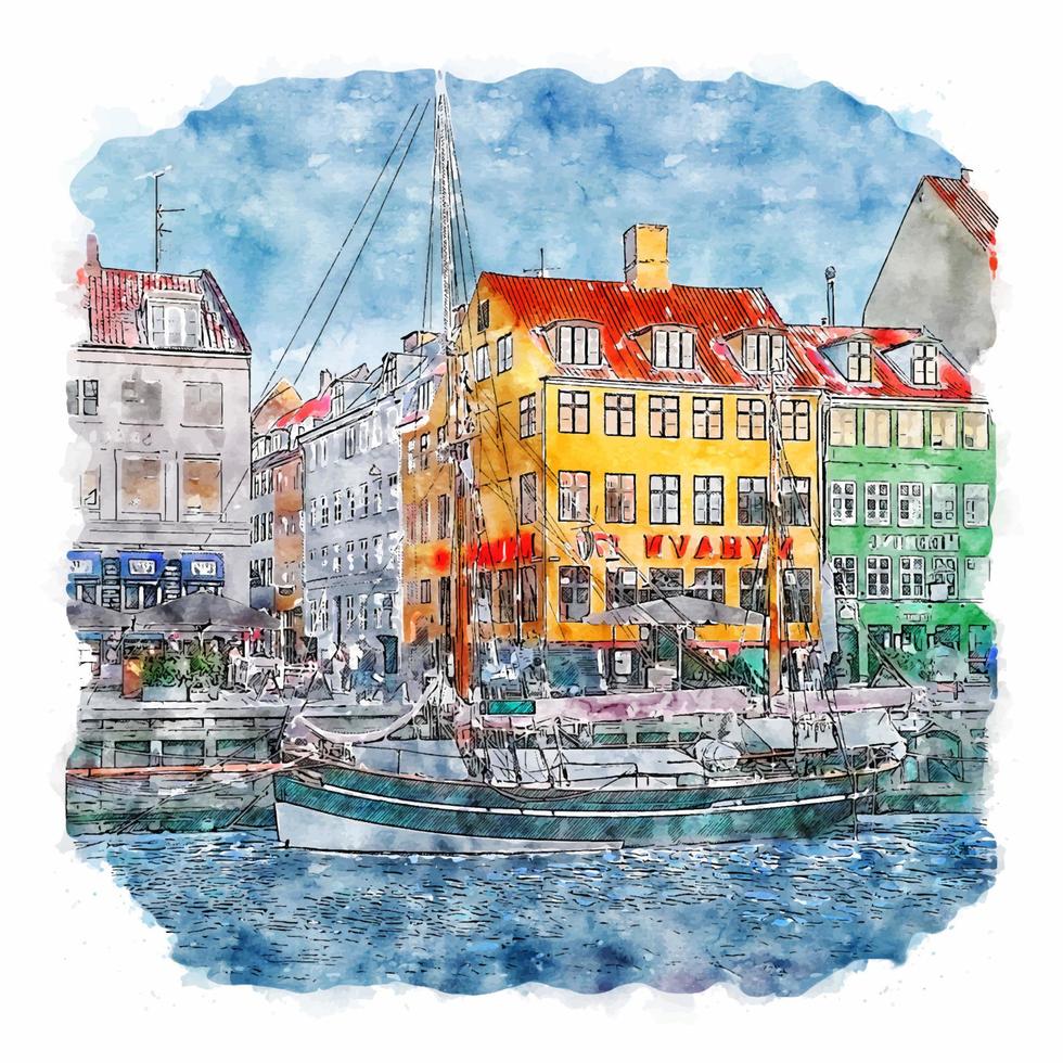 Copenhagen Denmark Watercolor sketch hand drawn illustration vector