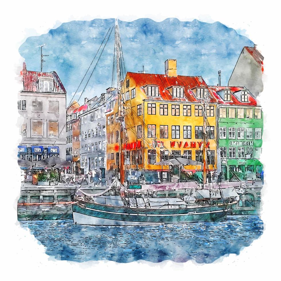 ilustración de dibujado a mano de bosquejo de acuarela de copenhague dinamarca vector