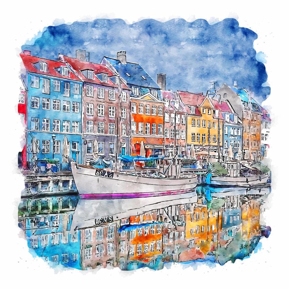 Copenhagen Denmark Watercolor sketch hand drawn illustration vector