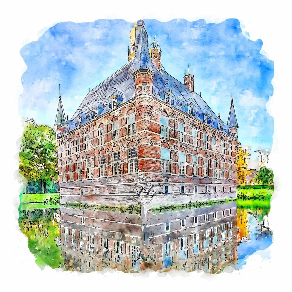 Wijchen Netherlands Watercolor sketch hand drawn illustration vector