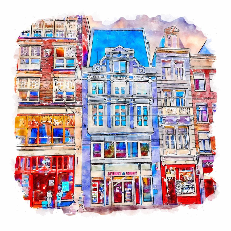 Amsterdam Netherlands Watercolor sketch hand drawn illustration vector