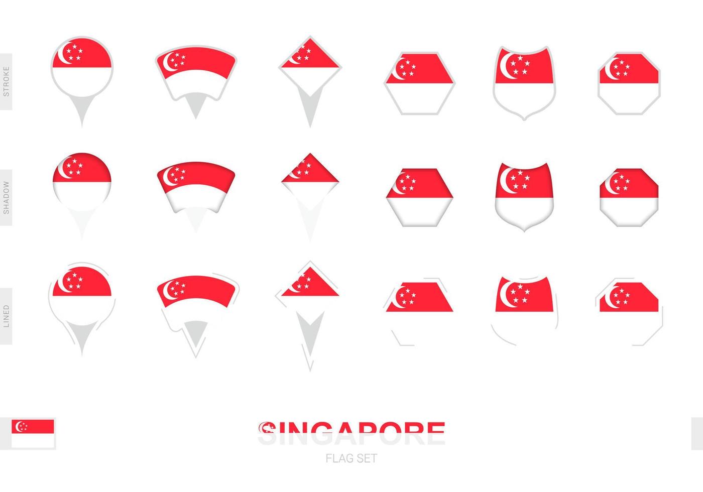 Collection of the Singapore flag in different shapes and with three different effects. vector