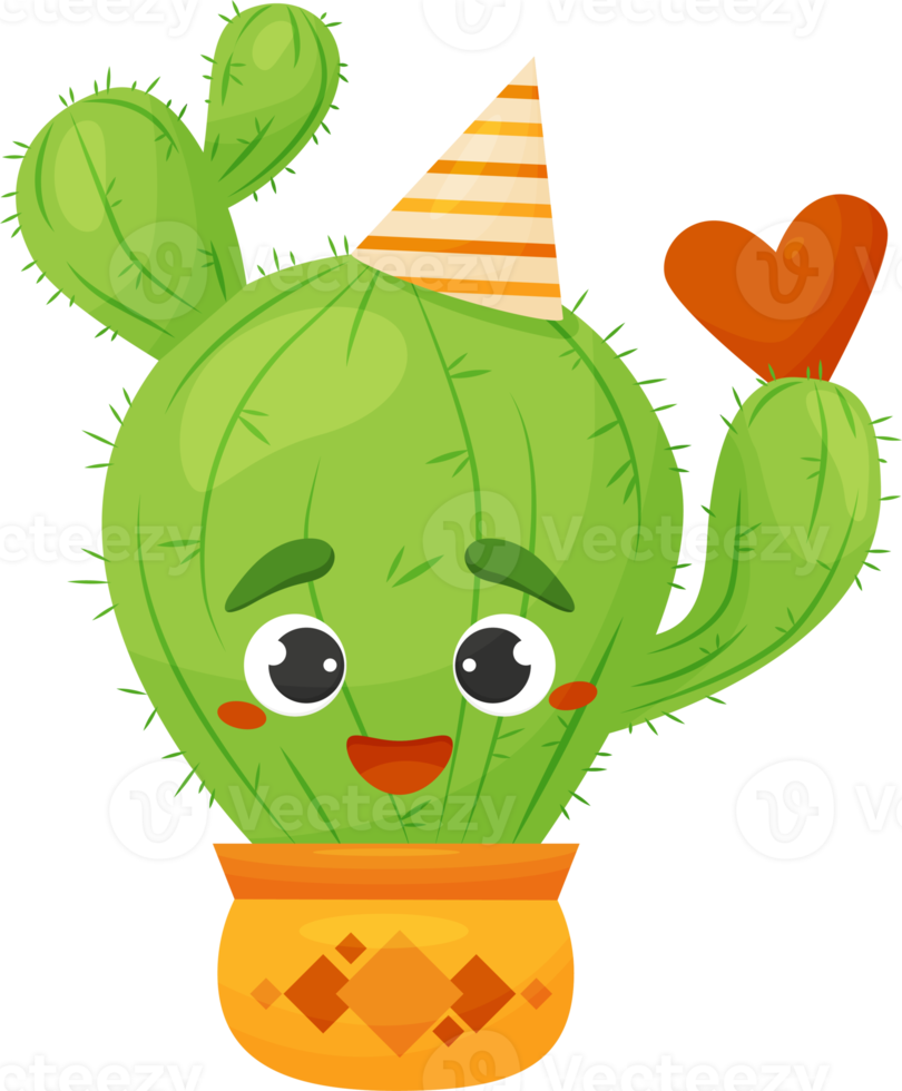 Character prickly cactus in pot in birthday hat and with heart. png