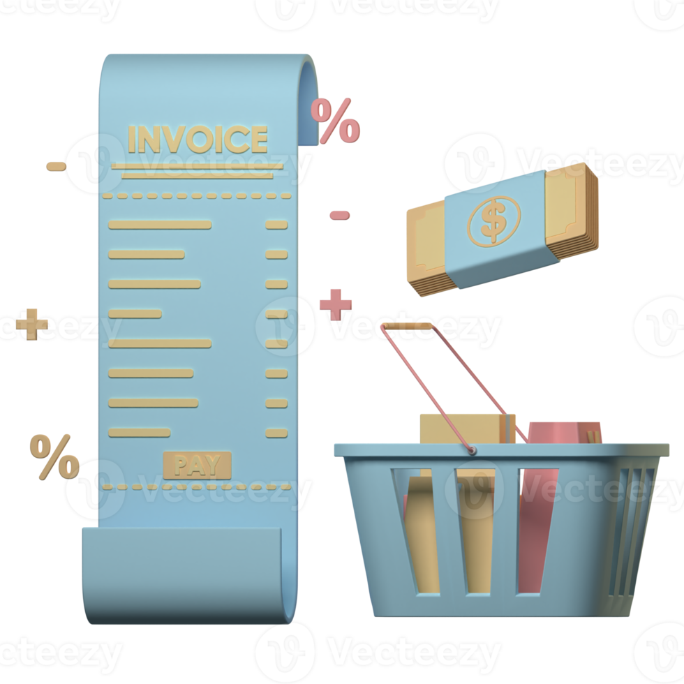 3d invoice and cart illustration png