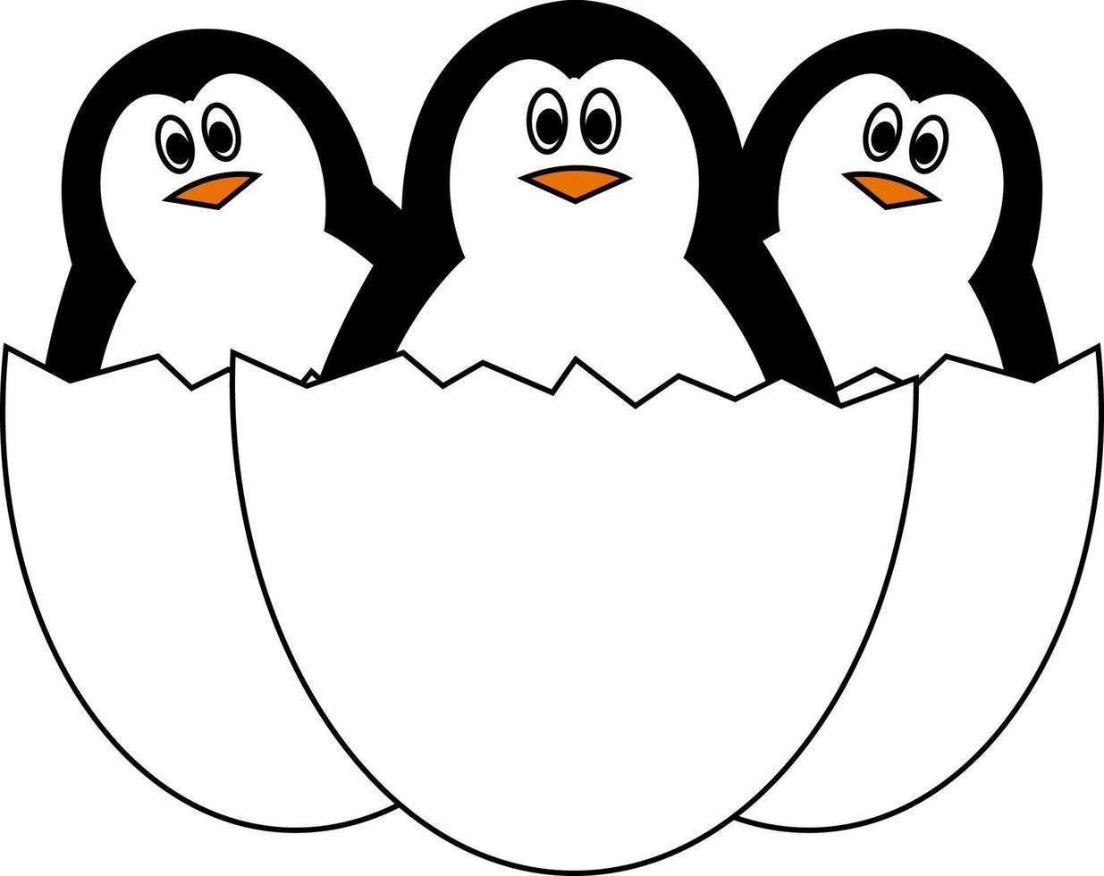 Three penguins in egg shell, illustration, vector on white background.