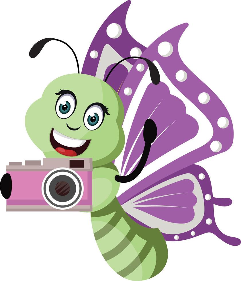 Butterfly with camera, illustration, vector on white background.