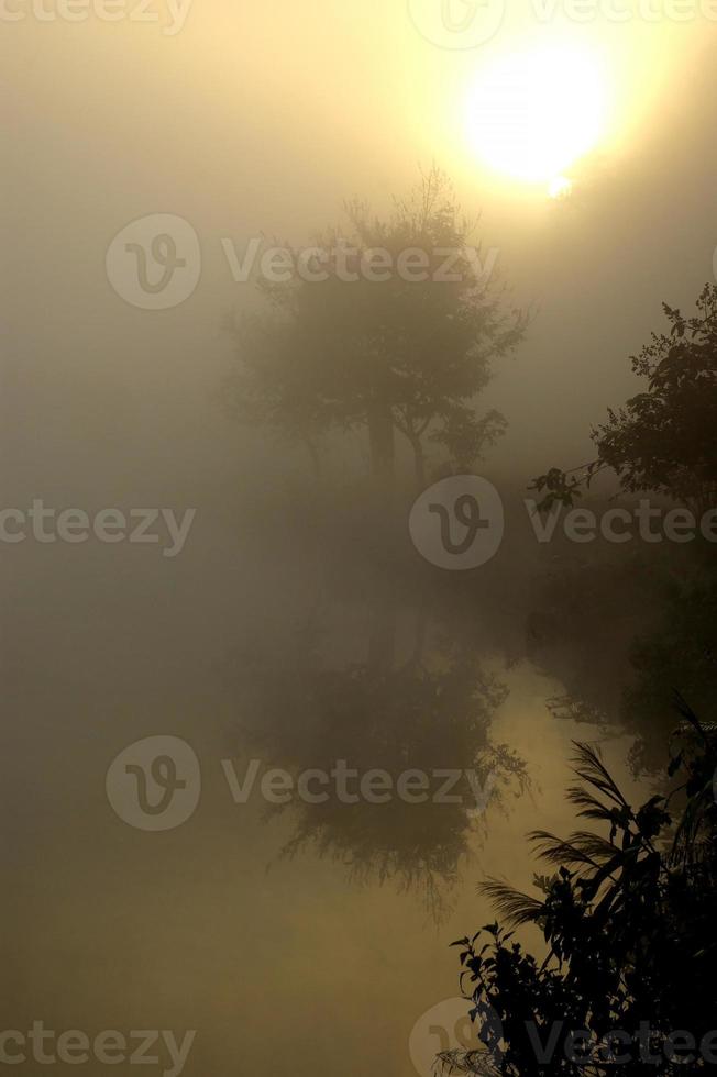 Morning mist and the lake view in the countryside photo