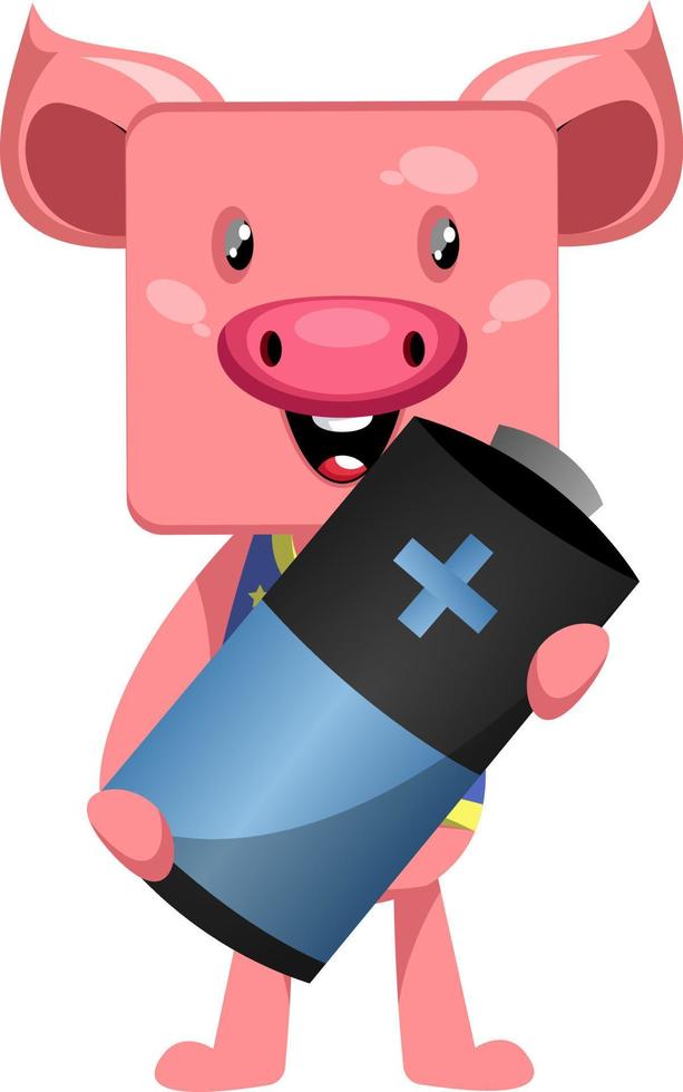 Pig with battery, illustration, vector on white background.