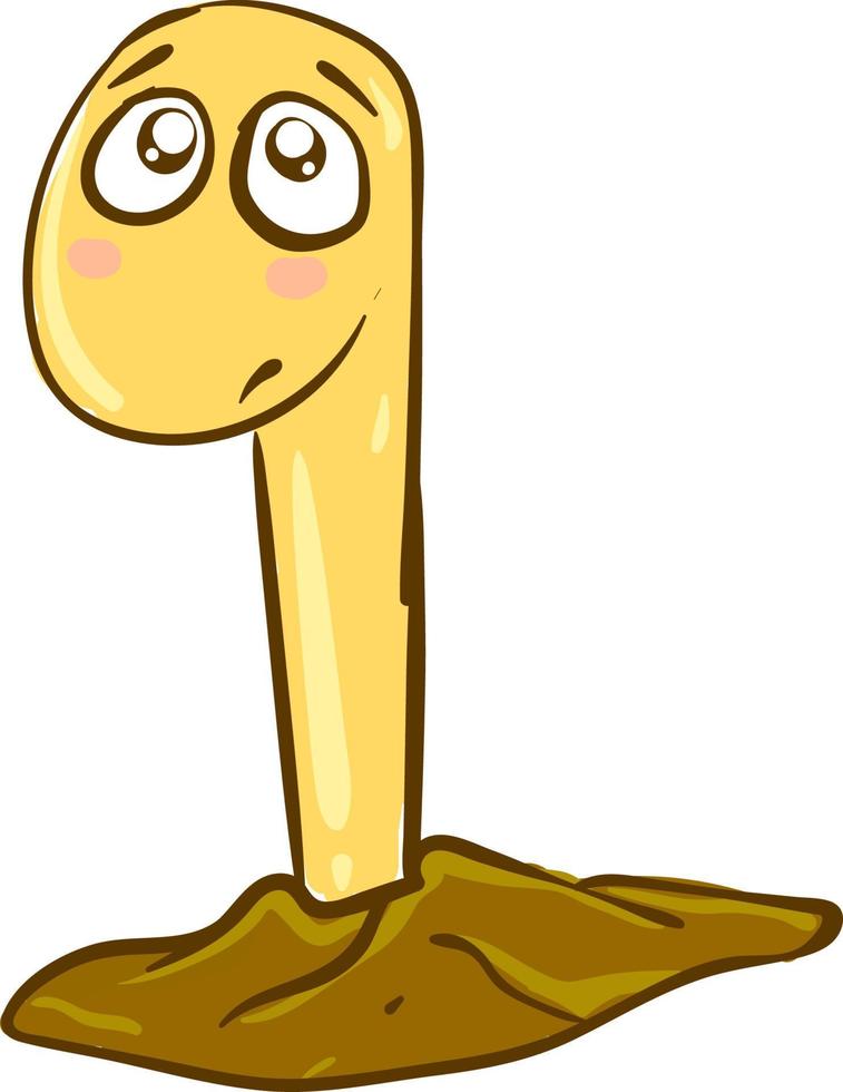 Sad worm looking from hole, illustration, vector on white background.