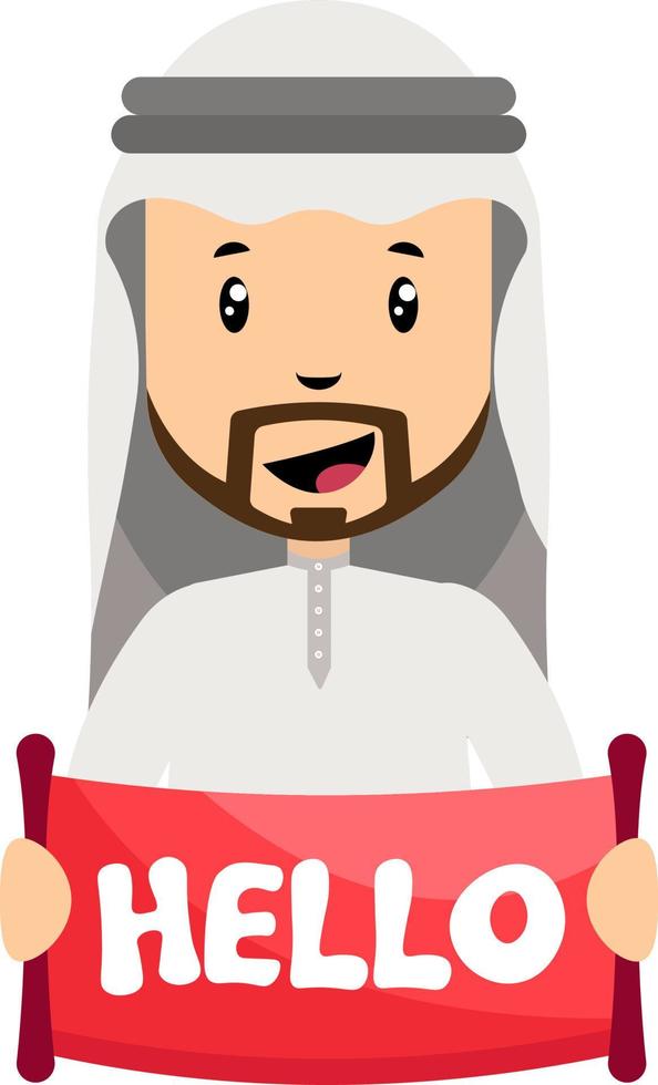 Arab men with hello sign, illustration, vector on white background.