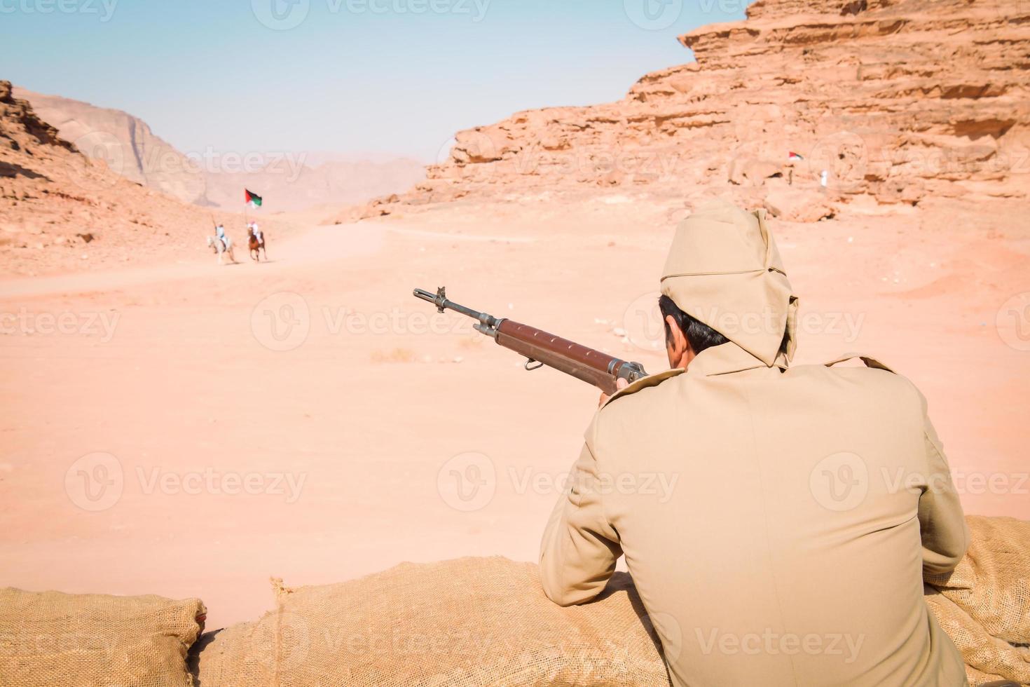 Great arab revolt fighters attack in wadi rum on new Hijaz railway train adventure ride experience. Popular new activities Jordan photo