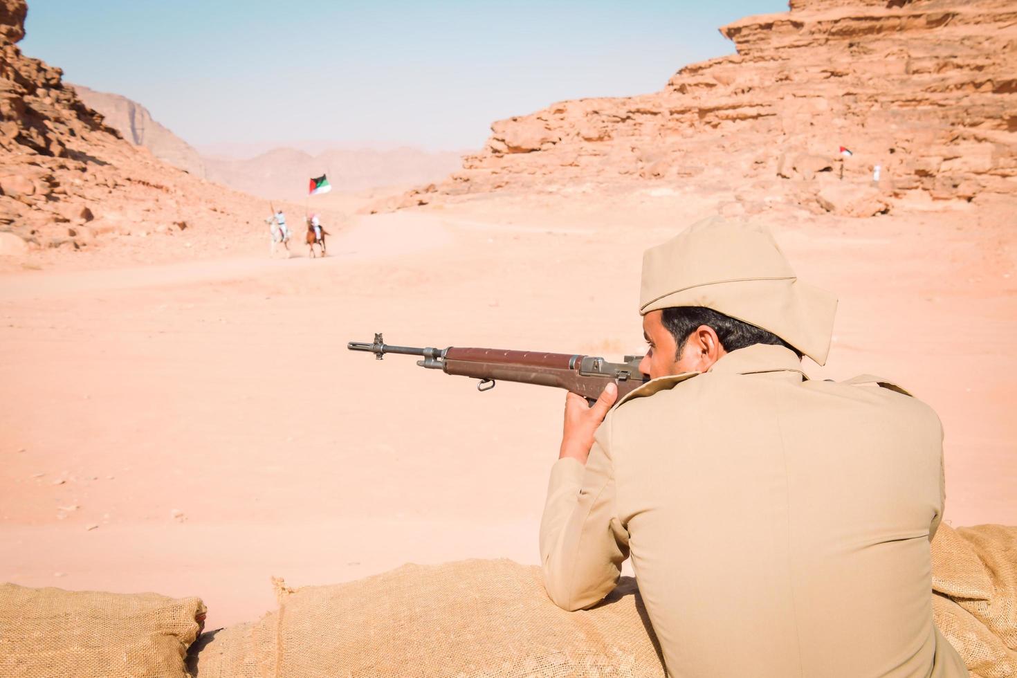 Wadi Rum, Jordan, 2022 - Great arab revolt fighters attack in wadi rum on new Hijaz railway train adventure ride experience. Popular new activities Jordan photo