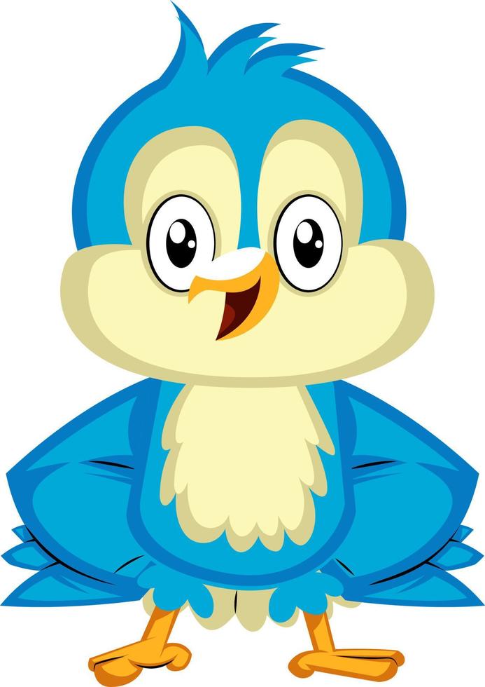 Blue bird is standing with his wings on hips, illustration, vector on white background.