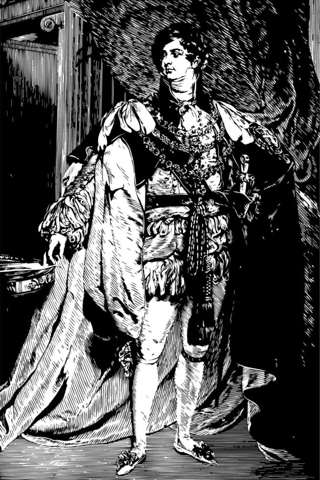 George the Fourth in the Robes of the Gartep can now be found in Windsor Castle, vintage engraving. vector