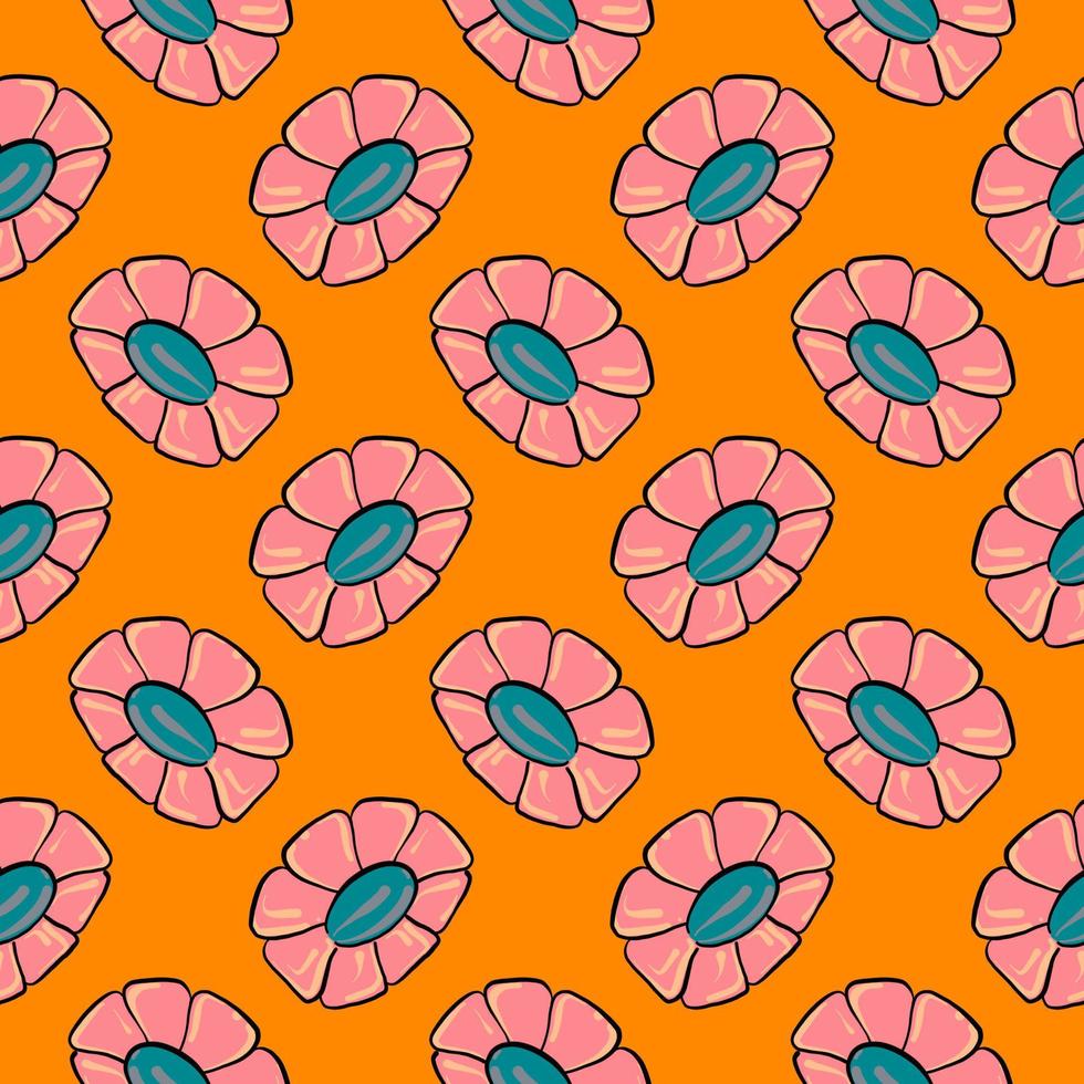 Chamomile flower, seamless pattern on orange background. vector