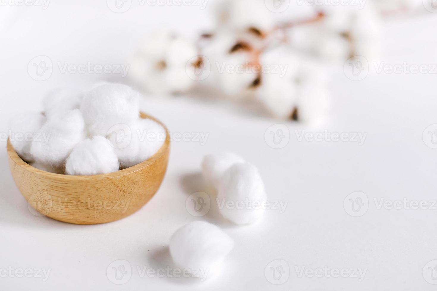 Cotton balls for cleansing with natural cotton flowers on white background with copy space, hygiene and healthy care lifestyle photo