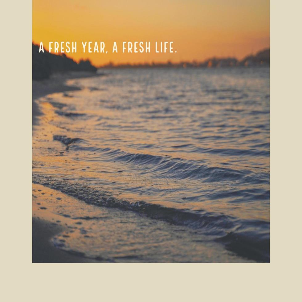 Trendy inspirational motivation about happy new year with wave at the beach in yellow frame, holiday and celebration concept photo