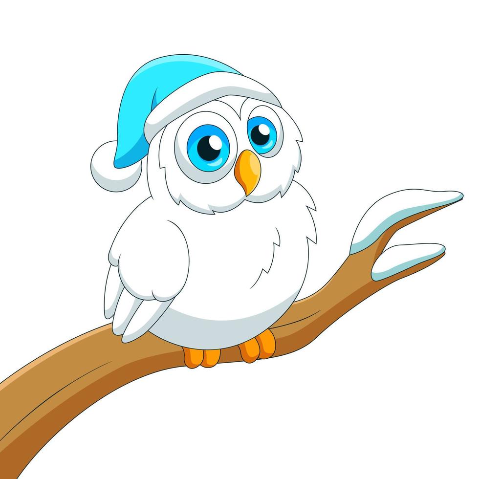 Cartoon cute owl with winter hat on  branch. Vector illustration