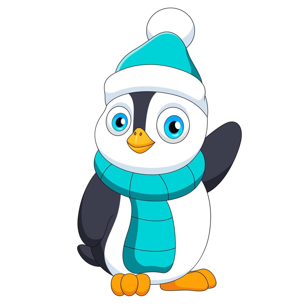 Cute little penguin card in winter hat. Vector illustration