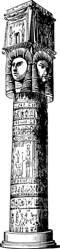 Column from the Temple of Denderah, with Hathor Masks, Time of Cesar, vintage illustration. vector