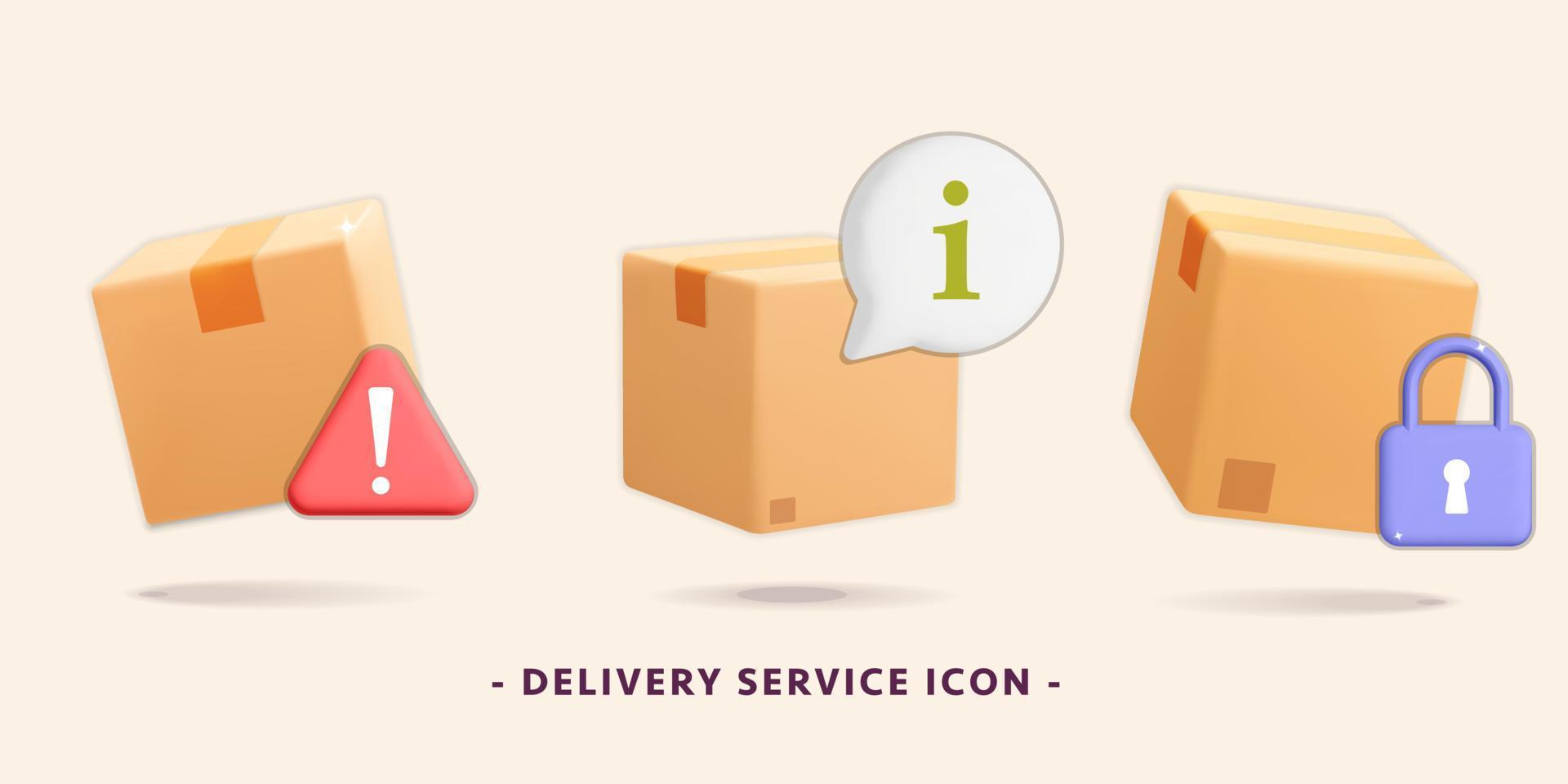 Set of 3d vector parcel box with information chat symbol, attention, warning and security sign icon design