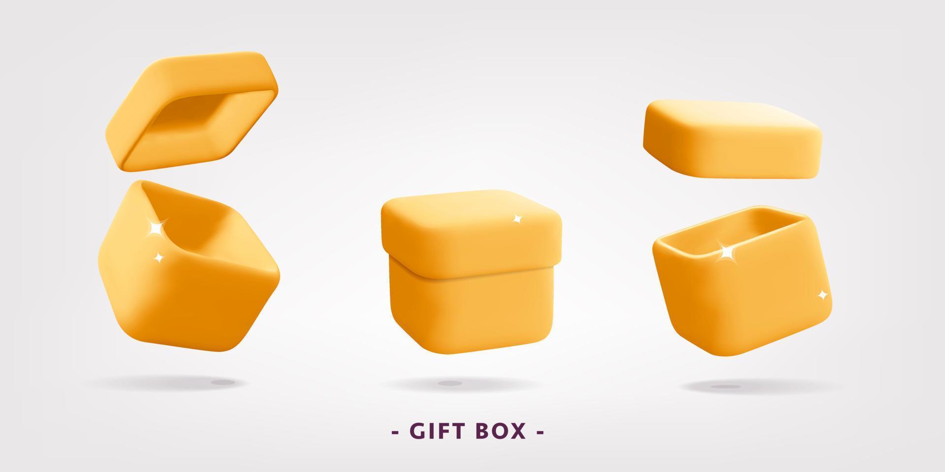 conjunto de diseño de cajas amarillas flotantes abiertas y cerradas de regalo de renderizado de plástico de dibujos animados vectoriales 3d vector