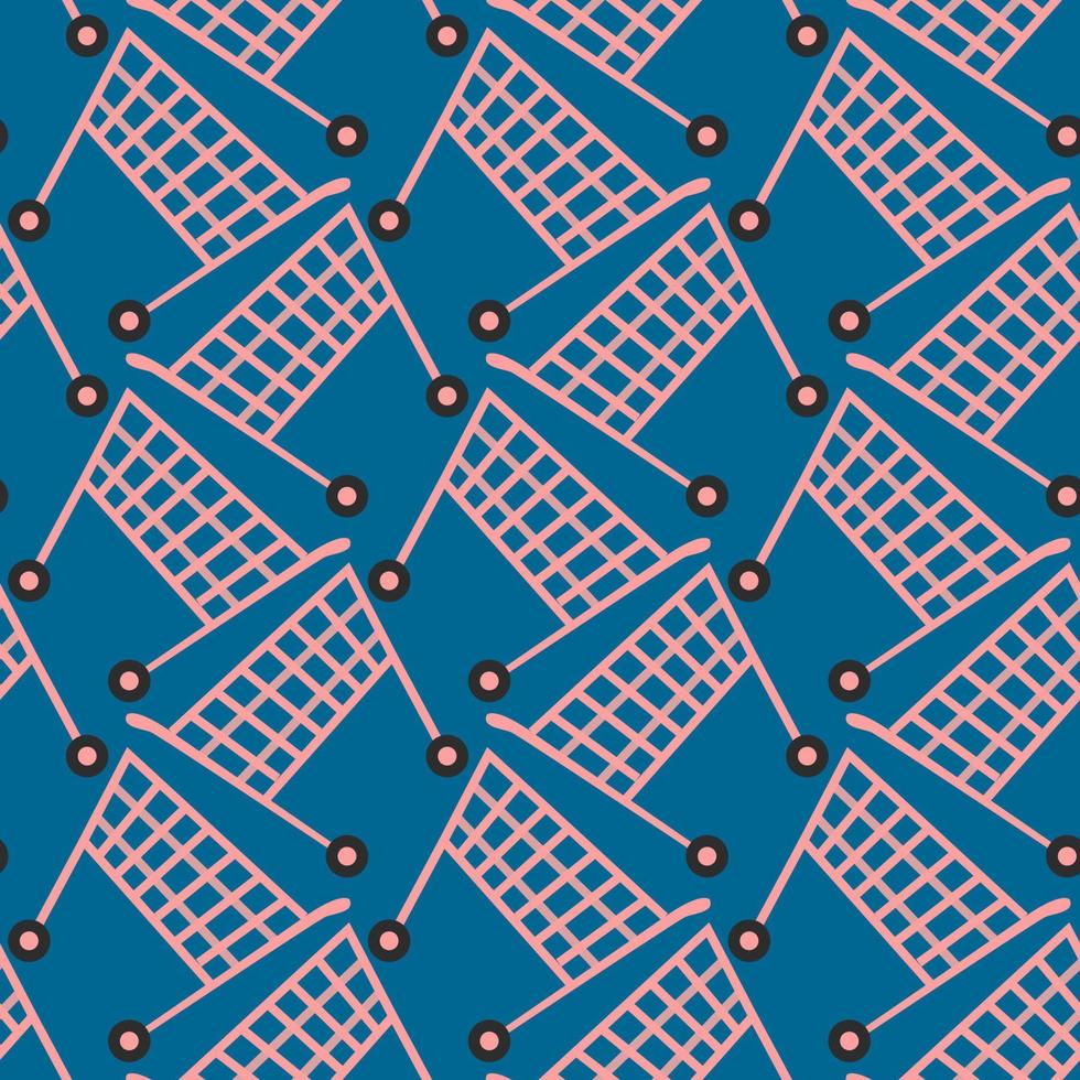 Shopping cart, seamless pattern on blue background. vector