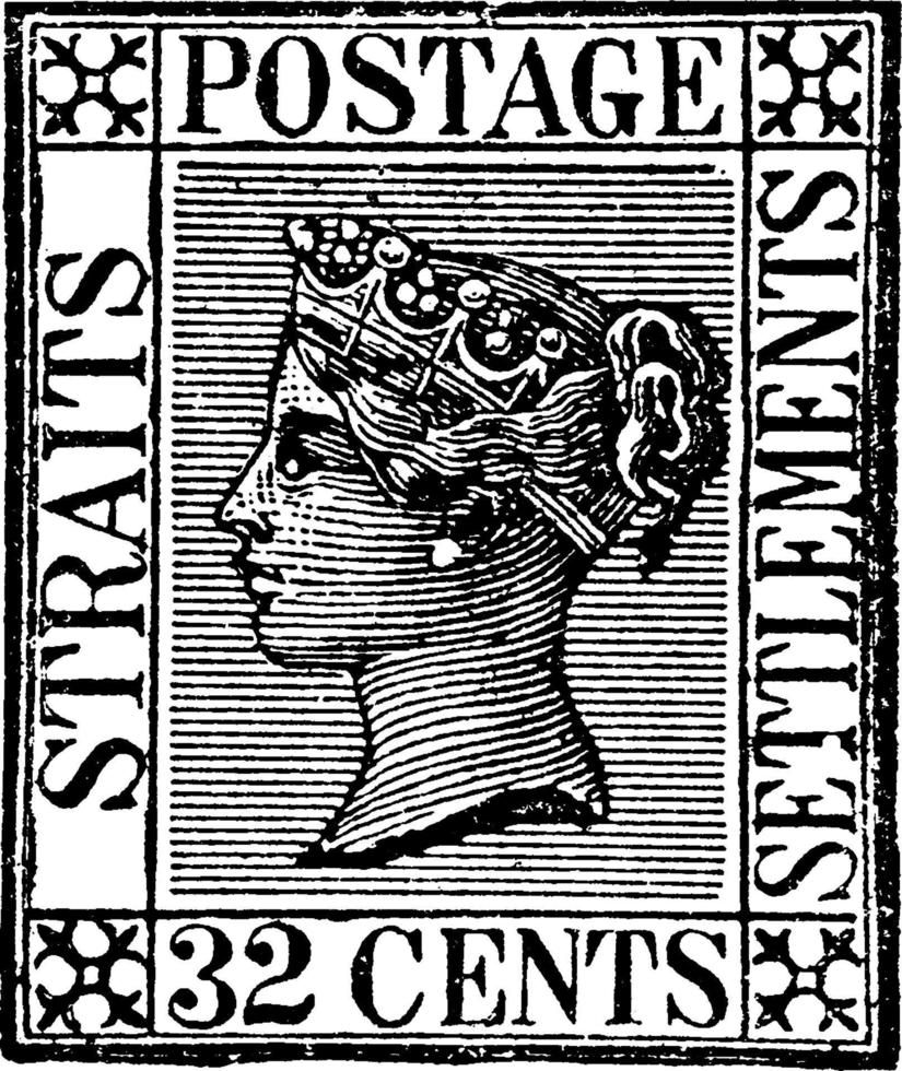 Straits Settlements 32 Cents Stamp in 1868, vintage illustration. vector