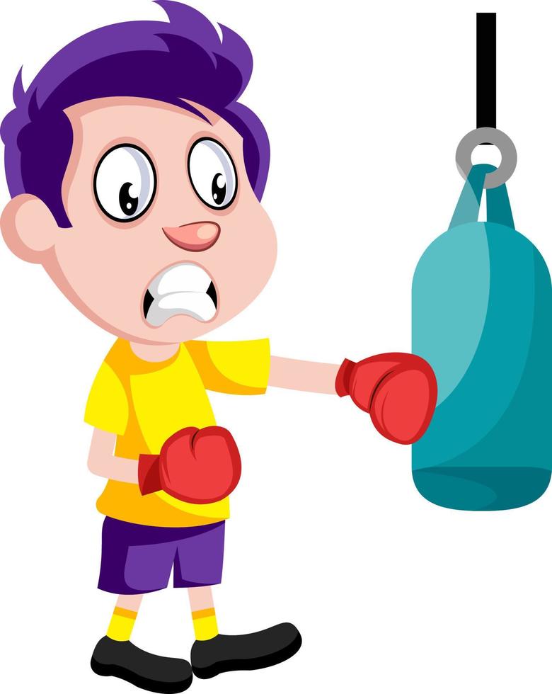 Boy with boxing gloves, illustration, vector on white background.