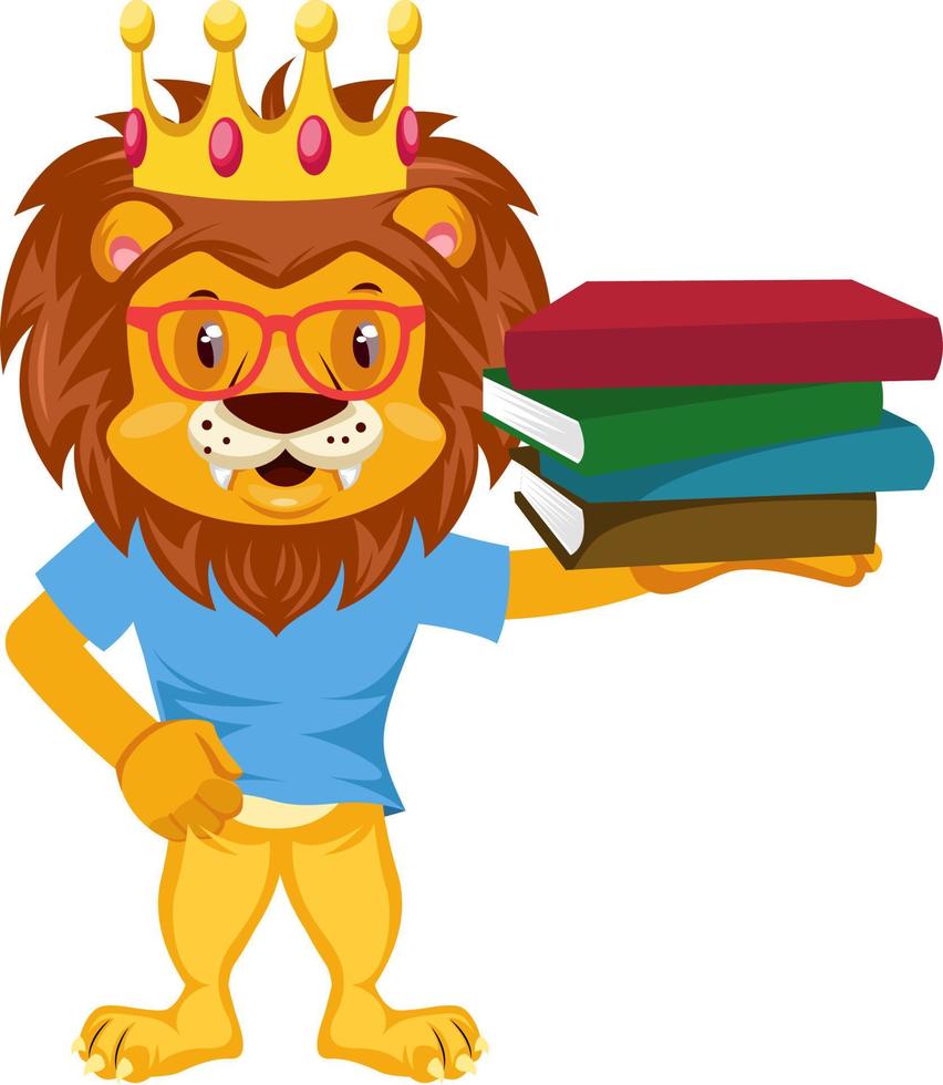 Lion with books, illustration, vector on white background.