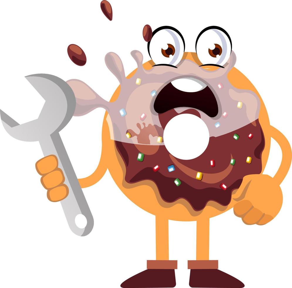 Donut holding wrench, illustration, vector on white background.