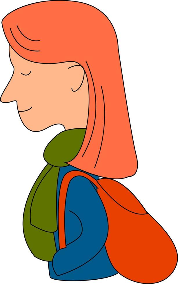 Girl with red backpack, illustration, vector on white background.