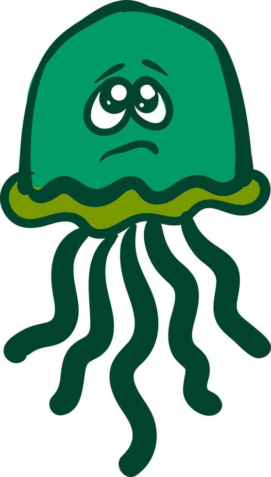 Sad green jellyfish, illustration, vector on white background.