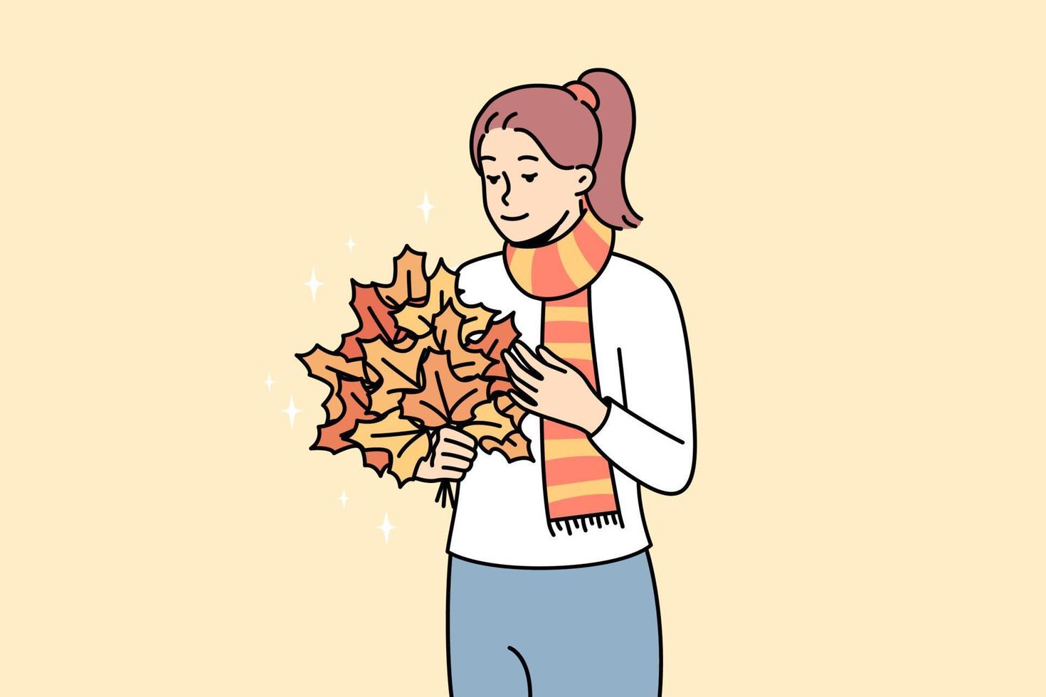 Happy young woman with bouquet of golden leaves in hands. Smiling girl enjoy gold autumn outdoors. Fall season. Vector illustration.