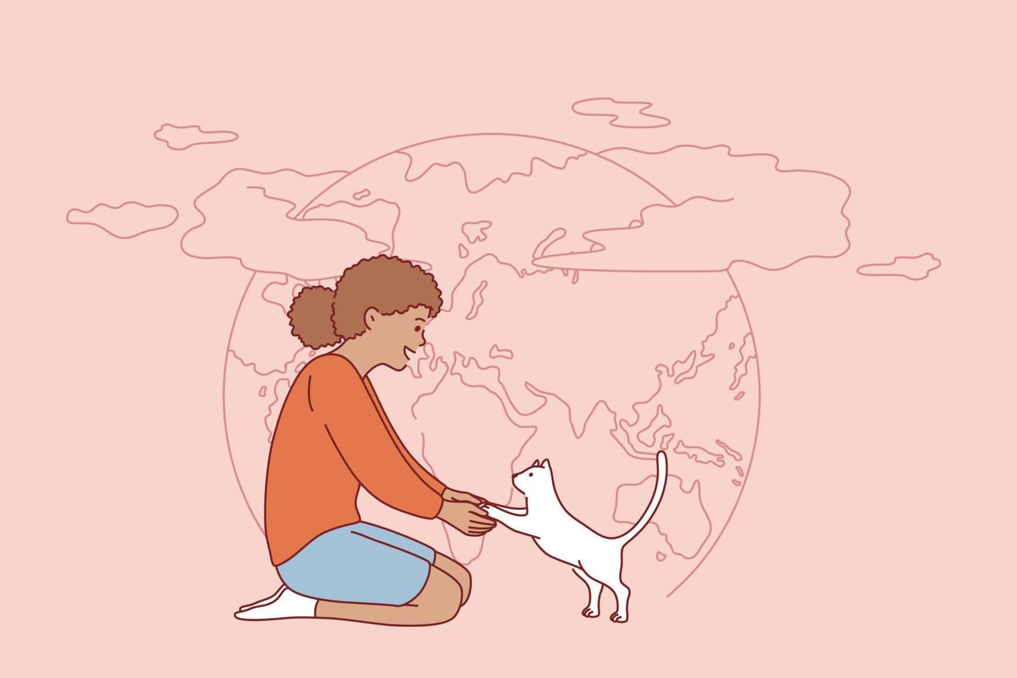 la gente y la naturaleza, salva el concepto de la tierra. pequeña niña negra positiva sentada con un gatito gato blanco y el planeta tierra en la ilustración vectorial de fondo vector