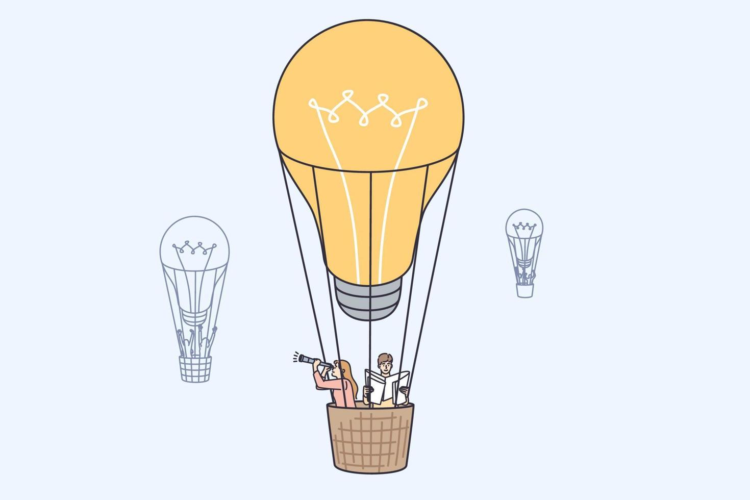 Looking for Innovative business ideas concept. Business people colleagues cartoon characters rising on air balloon with light bulb above feeling positive vector illustration