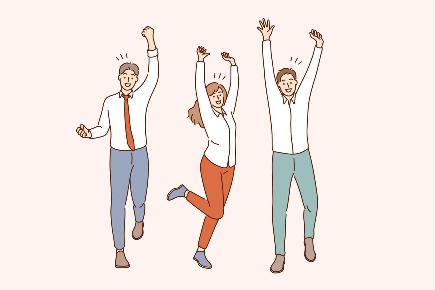 Success, teamwork, celebrating victory concept. Group of young smiling positive business people cartoon characters standing with raised hands celebrating victory together vector