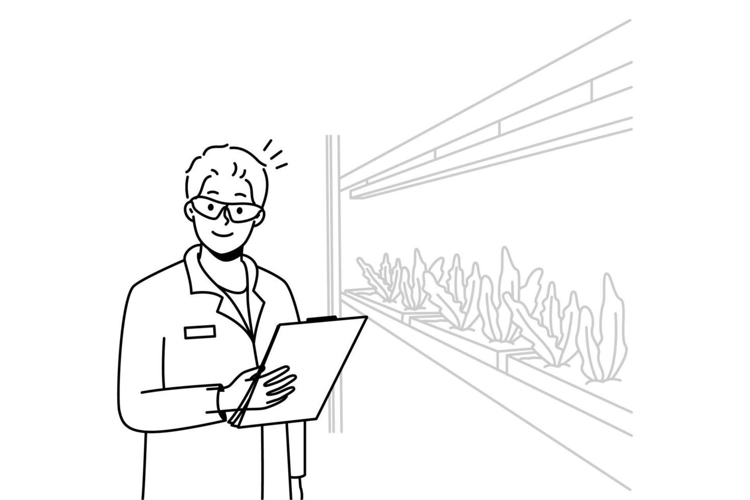 Smiling male scientist in uniform growing plants in laboratory. Happy man researcher make experiments in lab or greenhouse. Vector illustration.