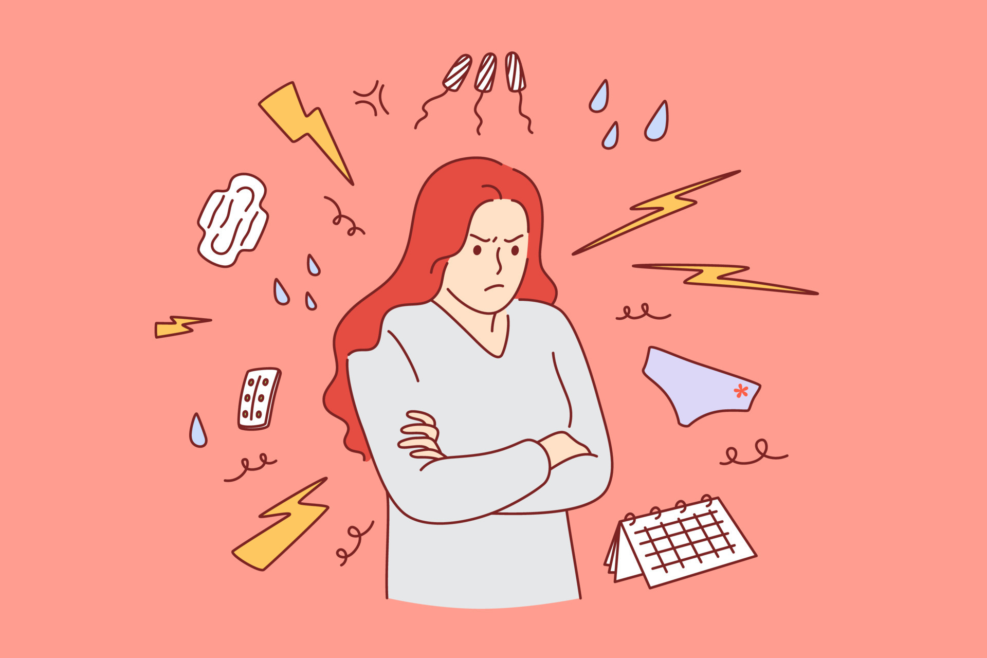 PMS And Premenstrual Syndrome Concept Young Irritated Woman Cartoon pms-and-premenstrual-syndrome-concept-young-irritated-woman-cartoon