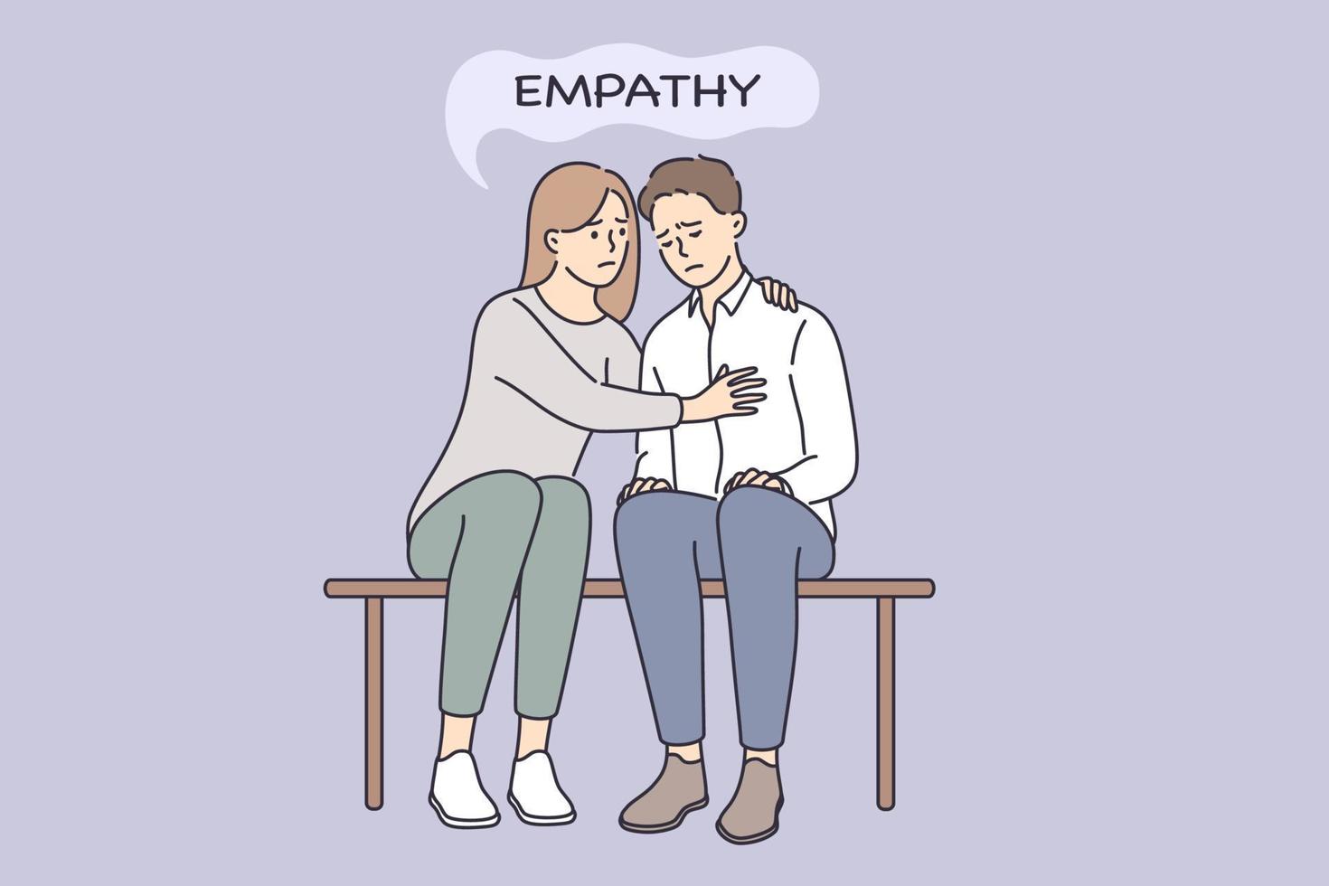 Empathy and Compassion, understanding concept. Young woman sitting and embracing sad depressed man feeling empathy feeling bad together vector illustration