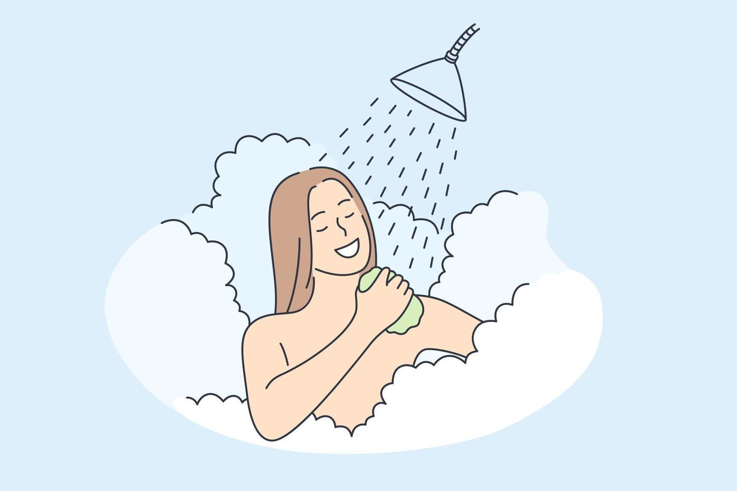 Skincare, relaxation, beauty rituals concept. Young pretty Woman cartoon character taking bath with bubble for hygiene and beauty feeling positive vector illustration