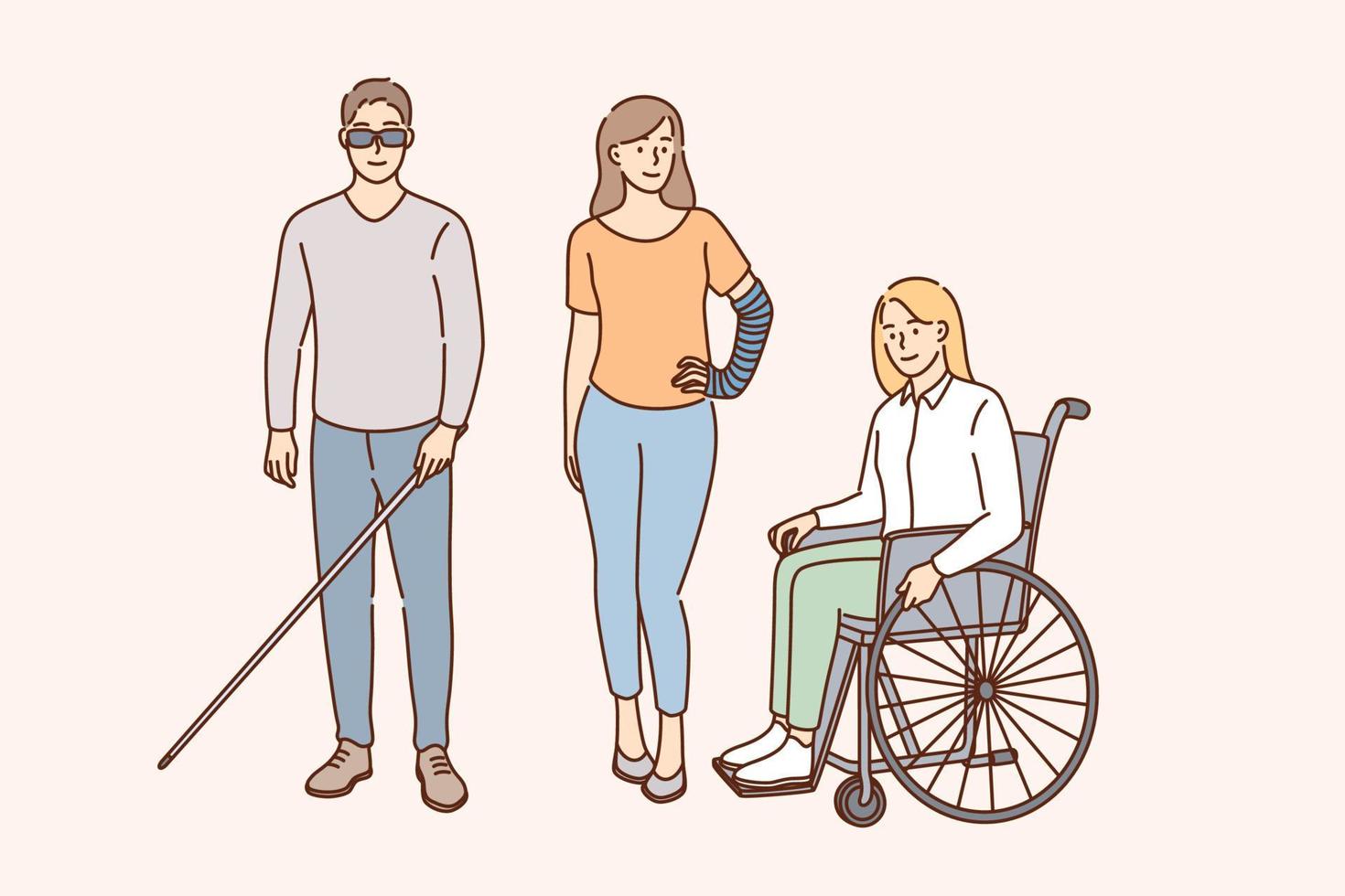 estilo de vida feliz del concepto de personas discapacitadas. jóvenes sonrientes en silla de ruedas, ciegos con un palo especial y un brazo roto de pie juntos disfrutando de la ilustración del vector de la vida