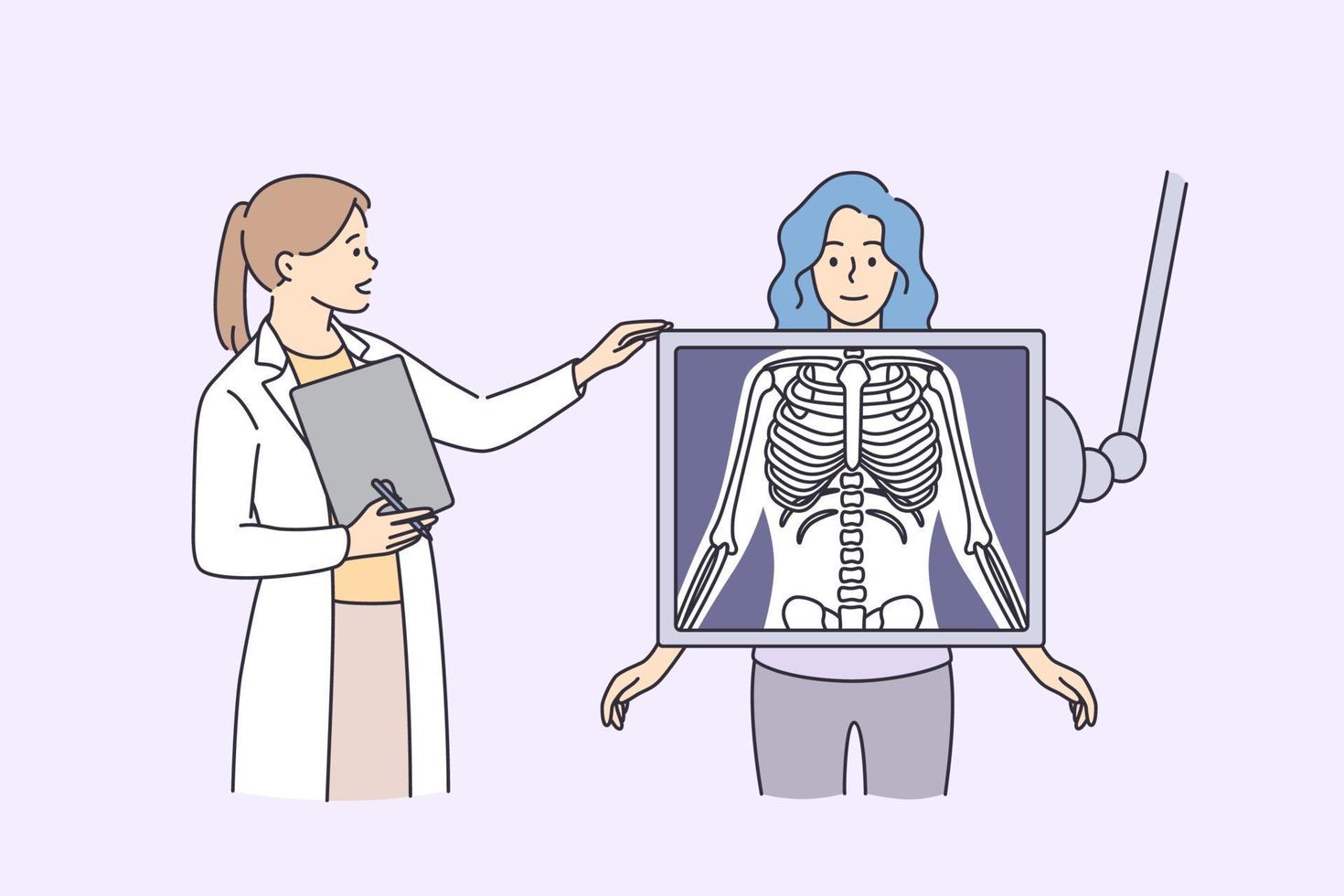 Radiology and body scan in medicine concept. Woman patient cartoon character standing behind x-ray and making examination of chest with doctor practitioner vector illustration